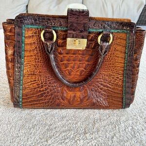 Brahmin Annabelle Dark Camel Tri-Color Croc-Embossed Leather with Green Trim NWT